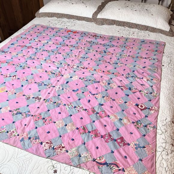 Handmade Other - Vtg Handmade Baby Crib Quilt Blanket 48x48" Scrap Pink 4-Square Cotton Patchwork